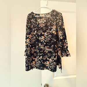 EVRI Black Floral V-Neck Tunic with Orange and Cream Blooms